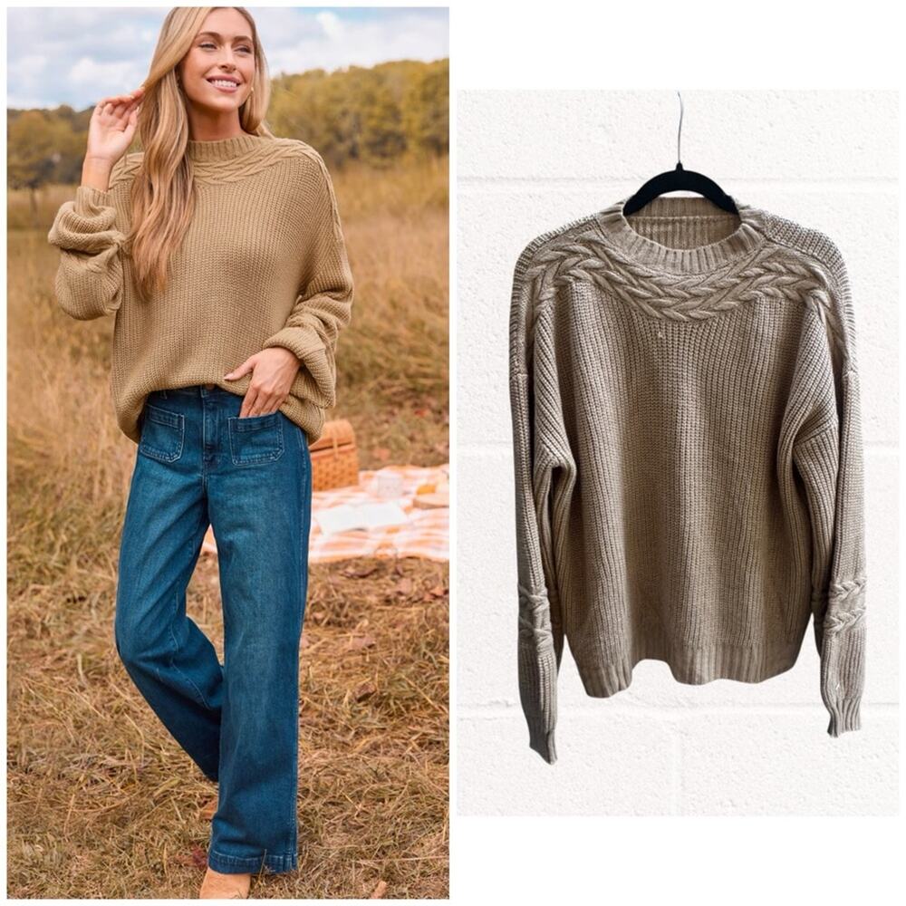 NEW Cupshe Beige Knit High Neck Long Sleeve Sweater, Large